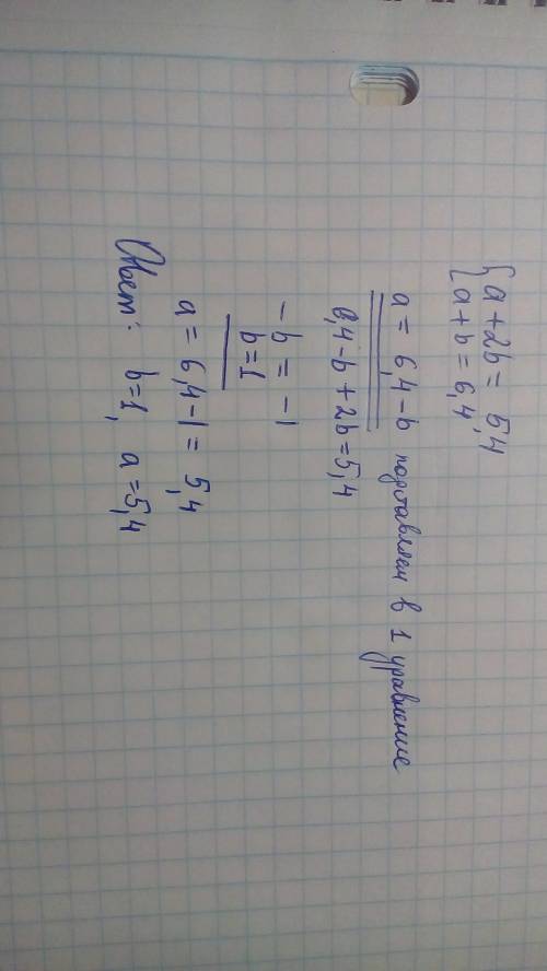 Системы уравнений. решение систем сложения. решите систему уравнений: a+2b=5,4 a+b=6,4