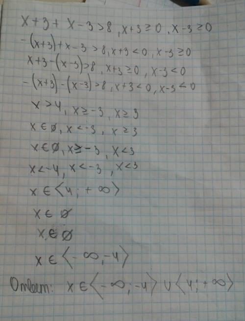 Нужно решить неравенство с модулем: |x+3|+|x-3|> 8