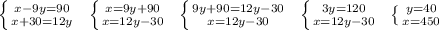 \left \{ {{x-9y=90} \atop {x+30=12y}} \right. \; \; \left \{ {{x=9y+90} \atop {x=12y-30}} \right.\; \; \left \{ {{9y+90=12y-30} \atop {x=12y-30}} \right.\; \; \left \{ {{3y=120} \atop {x=12y-30}} \right.\; \; \left \{ {{y=40} \atop {x=450}} \right.