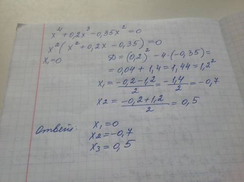 При каких значениях x значение выражение x^4+0.2x^3-0.35x^2 равно нулю