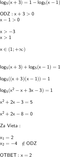 \sf\\log_5(x+3)=1-log_5(x-1)\\\\ODZ: x+30\\x-10\\\\x-3\\x1\\\\x\in(1;+\infty)\\\\\\log_5(x+3)+log_5(x-1)=1\\\\log_5((x+3)(x-1))=1\\\\log_5(x^2-x+3x-3)=1\\\\x^2+2x-3=5\\\\x^2+2x-8=0\\\\Za\ Vieta:\\\\x_1=2\\x_2=-4\ \ \notin ODZ\\\\OTBET:x=2