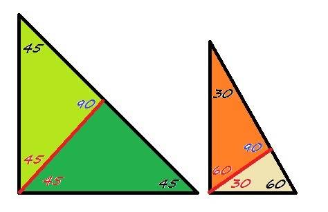 Есть два бумажных прямоугольных треугольника красный и зеленый.у красного углы равны 30° 60° и 90° а