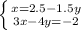 \left \{ {{x=2.5-1.5y} \atop {3x-4y=-2}} \right.