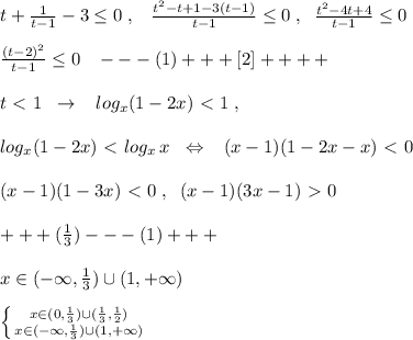 t+\frac{1}{t-1}-3 \leq 0\; ,\; \; \; \frac{t^2-t+1-3(t-1)}{t-1} \leq 0\; ,\; \; \frac{t^2-4t+4}{t-1} \leq 0\\\\ \frac{(t-2)^2}{t-1} \leq 0\; \; \; ---(1)+++[2]++++\\\\t\ \textless \ 1\; \; \to \; \; \; log_{x}(1-2x)\ \textless \ 1\; ,\\\\log_{x}(1-2x)\ \textless \ log_{x}\, x\; \; \Leftrightarrow \; \; \; (x-1)(1-2x-x)\ \textless \ 0\\\\(x-1)(1-3x)\ \textless \ 0\; ,\; \; (x-1)(3x-1)\ \textgreater \ 0\\\\+++(\frac{1}{3})---(1)+++\\\\x\in (-\infty ,\frac{1}{3})\cup (1,+\infty )\\\\ \left \{ {{x\in (0,\frac{1}{3})\cup (\frac{1}{3},\frac{1}{2})} \atop {x\in (-\infty ,\frac{1}{3})\cup (1,+\infty )} \right.