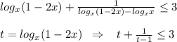 log_{x}(1-2x)+ \frac{1}{log_{x}(1-2x)-log_{x}x} \leq 3\\\\t=log_{x}(1-2x)\; \; \Rightarrow \; \; \; t+\frac{1}{t-1} \leq 3