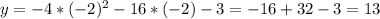 y=-4* (-2)^{2} - 16*(-2) -3 = -16 + 32 - 3 = 13