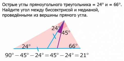 Острые углы прямоугольного треугольника равны 24 градуса и 66 градусов.найдите угол между биссектрис