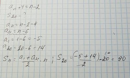 Арифметическая прогрессия задана формулой an+4 n-2 найдите сумму первых двадцати ее членов