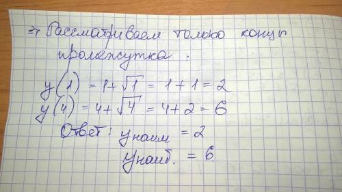 Знайдіть найбільше і найменше значення функації у=х+коріньх на проміжку[1; 4]