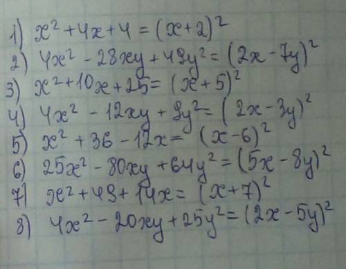 Представьте трехчлен в виде квадрата два члена: 1) х^2+4х+4 2) 4х^2-28ху+49у^2 3) х^2+10х+25 4) 4х^2