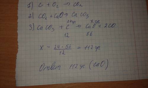 Вцепочке c-> co2-> caco3-> cao узнать сколько гр оксида кальция получится из 24 гр углерода