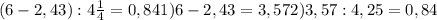 (6-2,43):4 \frac{1}{4} =0,84&#10; 1) 6-2,43=3,57&#10; 2) 3,57:4,25=0,84