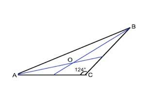 Втреугольнике авс угол с равен 124 биссектрисы углов a и b пересекаются в точке о . найдите градусну
