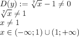 D(y):= \sqrt[7]{x}-1 \neq 0\\\sqrt[7]{x} \neq 1\\x\neq 1\\x\in(-\infty;1)\cup(1;+\infty)