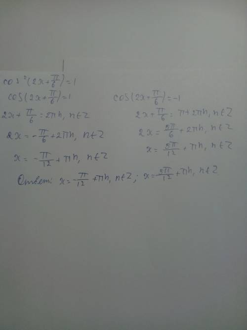 Решите тригонометрическое уравнение cos^2*(2x+π÷6)=1