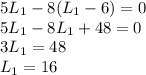 5L_1-8(L_1-6)=0 \\ 5L_1-8L_1+48=0 \\ 3L_1=48 \\ L_1=16