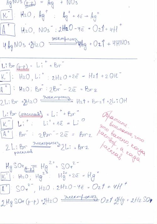 Написать электролиз agno3, libr, hgso4 заранее