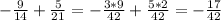 - \frac{9}{14}+ \frac{5}{21} =- \frac{3*9}{42}+ \frac{5*2}{42} = -\frac{17}{42}