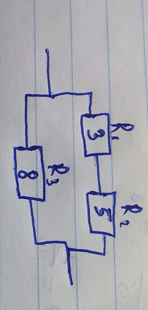 Нарисуйте схему соединения сопротивления которых r1=3 ом, r2=5 ом, r3=8 ом, при котором общее сопрот