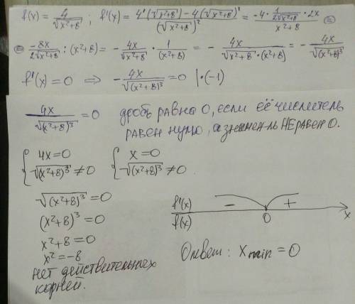 Найдите экстремумы функции f(x)=4/корень из x^2+8