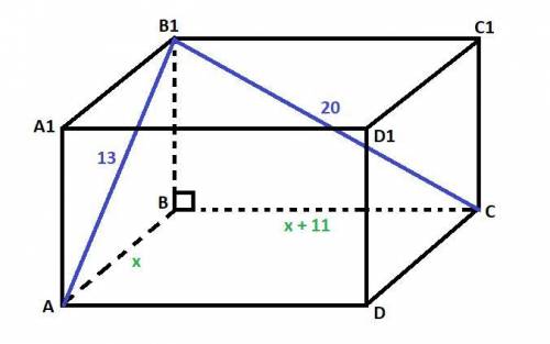 Abcda1b1c1d1 прямоугольный параллелепипед b1c 20 b1a 13 ad-ab 11 найти aa1