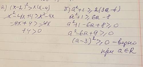 Докажите неравенство a) (x-2)^2> x(x-4) б) a^2+1 > = 2(3a-4)