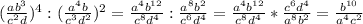 ( \frac{ab^3}{c^2d} )^4: ( \frac{a^4b}{c^3d^2} )^2= \frac{a^4b^{12}}{c^8d^4} : \frac{a^8{}b^2}{c^6d^4} =\frac{a^4b^{12}}{c^8d^4} * \frac{c^6d^4}{a^8{}b^2} = \frac{b^{10}}{a^4c^2}