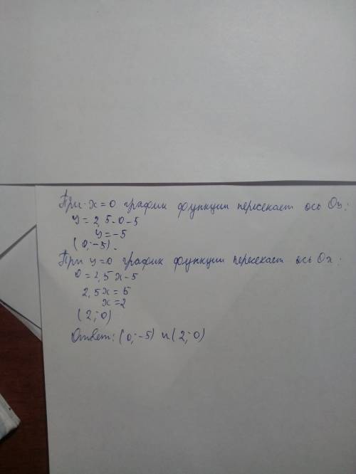 Запиши координати точок перетену графіка функції y=2,5x-5 з осями кординат. напишите решение!