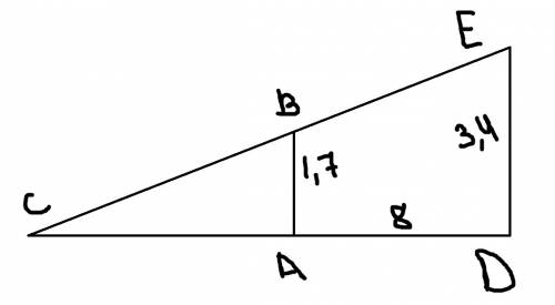 Человек ростом 1.7 м стоит на расстоянии 8 м от столба, на котором висит на высоте 3,4 м. найдите дл