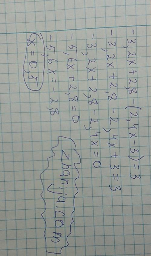 Решите уравнение зарание -3,2x+2,8-(2,4x-3)=3