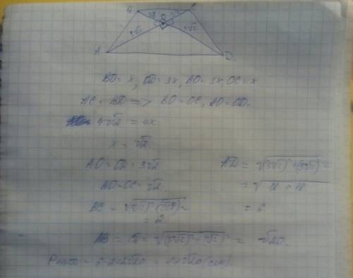 Вравнобедренной трапеции abcd диагонали пересекаются под прямым углом и точкой пересечения делят в о