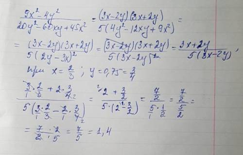 Сократить дробь: 9х^2-4у^2 20у^2-60ху+45х^2 и найти её значение при х = 2/3, у = 0,75