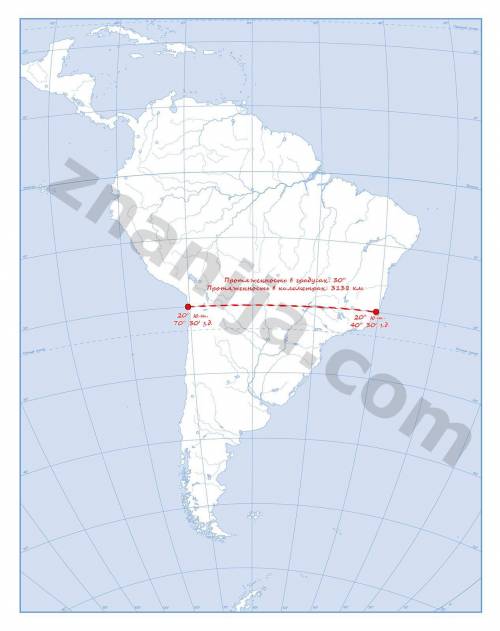 Сградусной сетки по карте полушарий определите: ширину южной америки (в градусах и километрах) по па