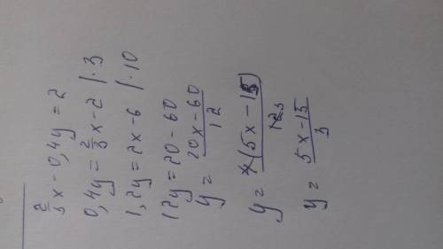 Дано уравнение 2/3х-0,4у=2. нужно выразить у через x