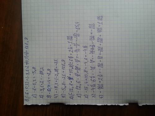 Найдите значение выражения: 1) (-6+0,2)×(-9,1×2+(-0,7)×4)= 2) (-12,6×1 1/9+10,8): 6 6/7+2 3/10= , ♡♡