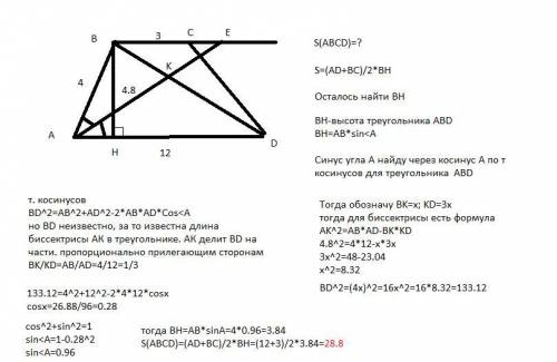 Из вершины a трапеции abcd проведена биссектриса угла a которая пересекает диагональ bd в точке k на