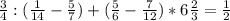 \frac{3}{4} : ( \frac{1}{14} - \frac{5}{7} ) + ( \frac{5}{6} - \frac{7}{12} ) * 6 \frac{2}{3} =\frac{1}{2}