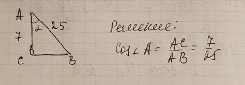 Втреугольнике авс угол с равен 90 градусов,ac=7,ab=25.найти cos a