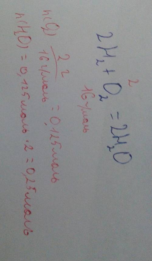 Решите : найдите количество вещества н2о, если масса кислорода 2 грамма h2+o2=h2o