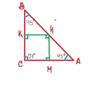 Через середину гипотенузы равнобедренного прямоугольного треугольника проведены прямые,паралельные к