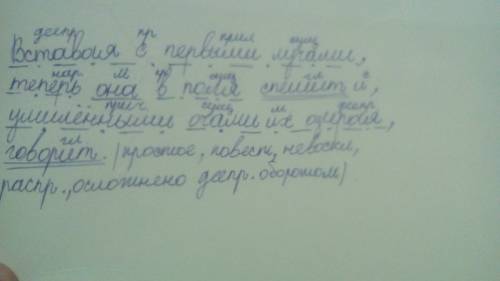 Вставая с первыми лучами, теперь она в поля спешит и, умиленными очами их озирая, говорит. синтаксич