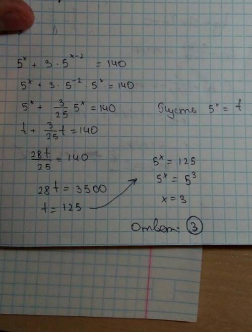 Решить это элементарное уравнение: ) 5^х+3×5^(х-2)=140