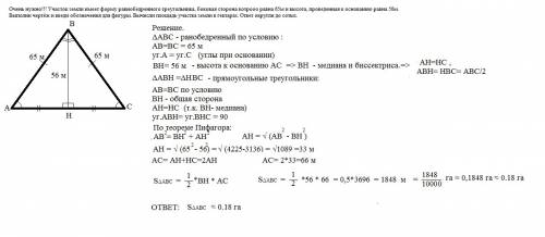 Участок земли имеет форму равнобедренного треугольника, боковая сторона равна 65м и высота, проведен