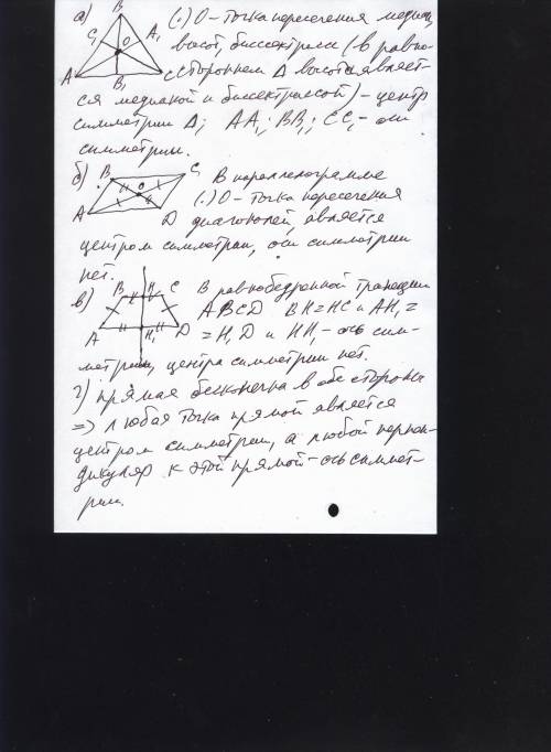 Яка фігура має центр симетрії і вісь симетрії? а) рівносторонній трикутник б) паралелограм в) рівноб