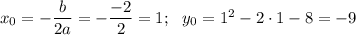 x_0=-\dfrac b{2a}=-\dfrac{-2}2=1;~~y_0=1^2-2\cdot 1-8=-9