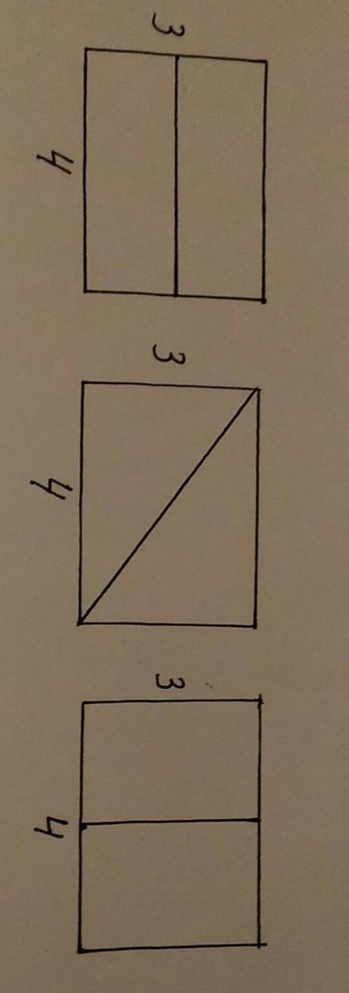 Разделите прямоугольник 3 на 4 на две равные части. предложите как минимум 3 варианта.