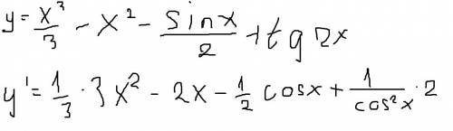 Срешением продифференцировать указанные функции: y= х^3/3-х^2-sin⁡х/2+ tg2x