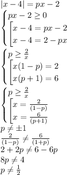 |x-4|=px-2 \\ \begin{cases} px-2\geq 0\\ \left[\begin{matrix}x-4=px-2 \\ x-4=2-px \end{matrix}\right \end{cases}\\ \begin{cases} p\geq {2\over x}\\ \left[\begin{matrix}x(1-p)=2 \\ x(p+1)=6\end{matrix}\right \end{cases}\\ \begin{cases} p\geq {2\over x}\\ \left[\begin{matrix}x={2\over (1-p)} \\ x={6\over (p+1)}\end{matrix}\right \end{cases}\\ p\neq \pm 1\\ {2\over (1-p)}\neq {6\over (1+p)}\\ 2+2p\neq 6-6p\\ 8p\neq 4\\ p\neq {1 \over 2}\\