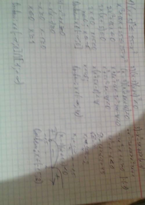 Решите неравенства. 1)(x+5)²≤25-x² 2)(x-3)(x+4)²< 0 3)-x²-3x+7> (x-1)² 4)-x²+x≥0