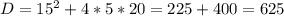 D=15^2+4*5*20=225+400=625